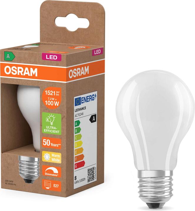 Immagine prodotto Osram LED-Lampe Classic, dimmbar, E27, 7,2 W, 2700 K, EEK: A, 1521 lm, IP20, warmweiss (E27, 7.20 W, 1521 lm, 1 x, A)