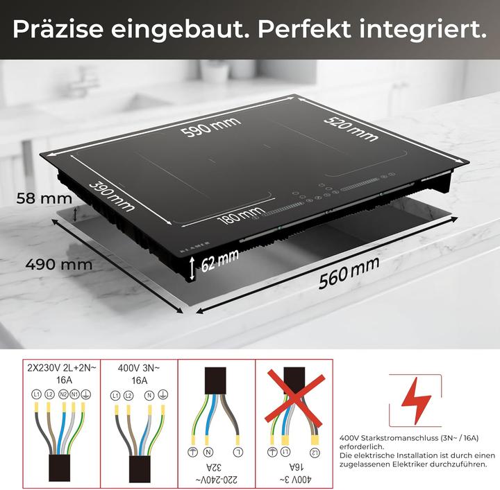Produktbild KLAMER Induktionskochfeld 60 cm, 4 Zonen mit 2 Flexzonen, 7400 Watt, Boost Funktion, 9 Leistung… (59 cm, Induktionskochfeld)