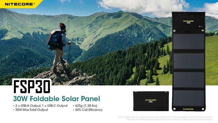 Actual product image Nitecore FSP30 foldable solar panel with max. 30W with USB-C 2x USB-A output (30 W, 0.63 kg)