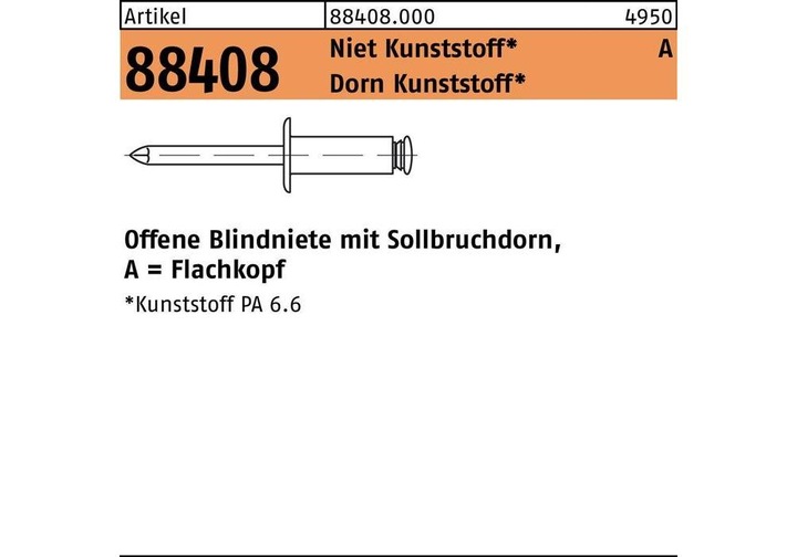 Produktbild Blindniete R 88408 Flachkopf 6 x 12 Niet Kunststoff/Dorn Kunststoff