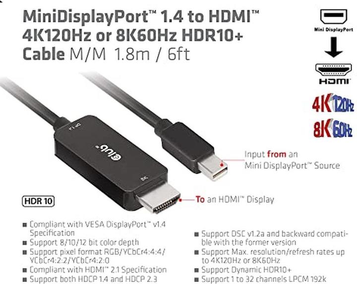 Produktbild Club 3D Club3D Kabel MiniDP 1.4 > HDMI St/St (1.80 m)