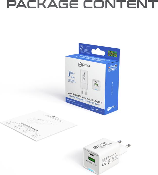 Produktbild prio Wandladegerät GaN Power 30W PD PPS (USB C) + QC 3.0 (USB A) weiss (30 W, 3 Ports)
