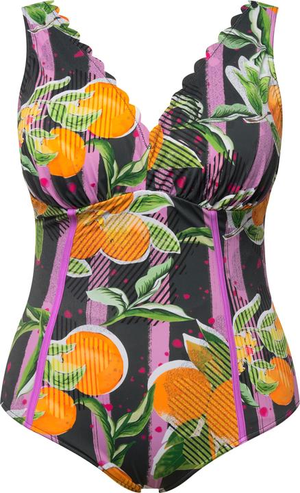 Image du produit Ulla Popken Maillot de bain avec bonnets souples, imprimé oranges et passepoils fluo (50)