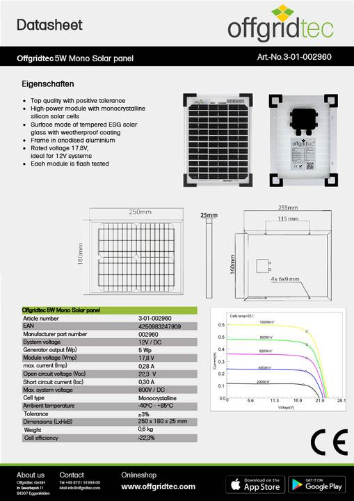 Produktbild Offgridtec 5W Mono 12V Solarpanel (5 W, 0.60 kg)