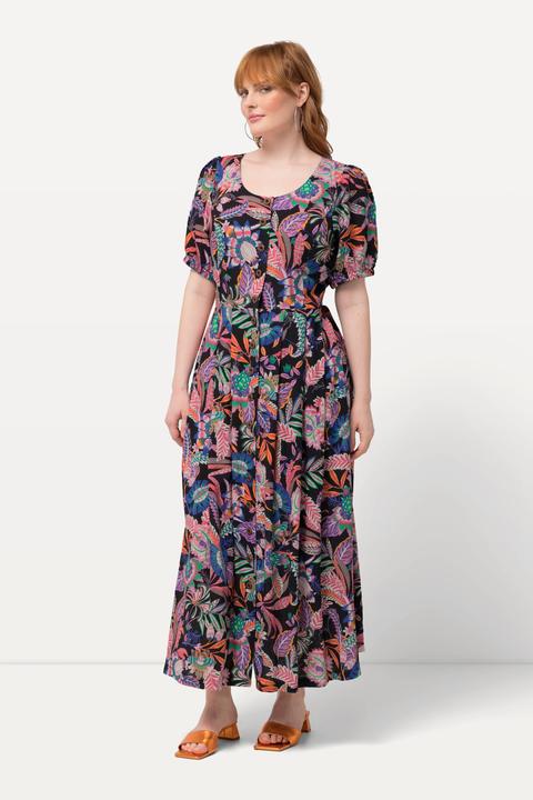Produktbild Ulla Popken Kleid, Blätter, Leinenmix, Rundhals, Halbarm (58)