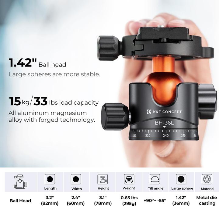 Actual product image K&F Concept M1+BH-36L Magnesium Aluminum Alloy Tripod (Metal)