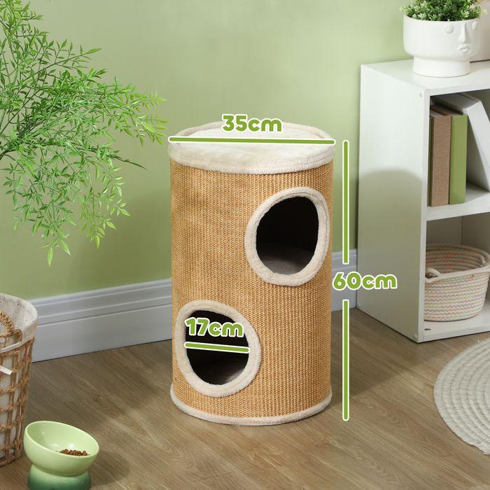 Produktbild Swisshandel24 Kratztonne 60 cm Hoch Katzentonne mit 2 Höhle, aus Sisal, für Katze bis 5 kg (60 cm, Braun+Beige)