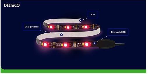 Actual product image Deltaco USB-powered LED loop (RGB, Multicoloured, White, RGBW, 200 cm, Indoor, Outdoor)