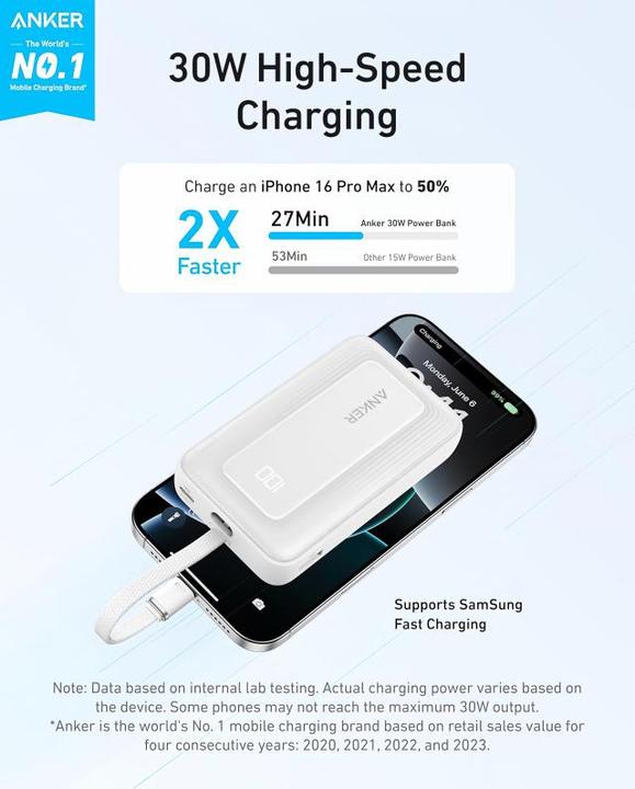 Image du produit Anker Power bank Power Bank, Built-In USB-C Cable, 30W | A1688H21 | 10000 mAh | White (10000 mAh, 30 W)