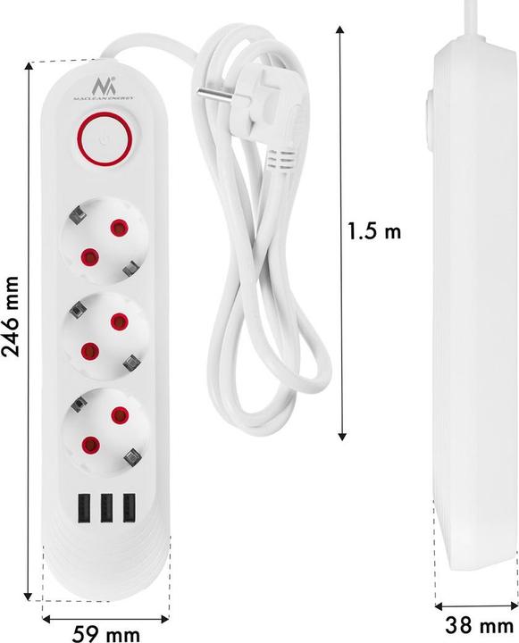 Actual product image Maclean Multiple socket outlet, extension cable with 3 sockets + 3 USB ports (3x, USB-A, 1.50 m)
