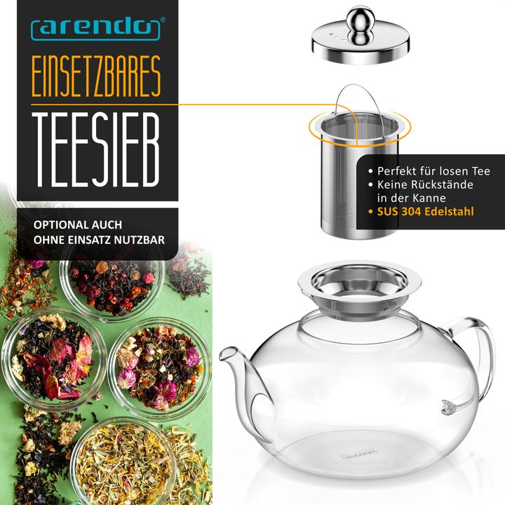 Produktbild Arendo Teekanne Glas Teebereiter mit Stövchen & Sieb für losen Tee, 1,2l, Borosilikatglas, Hitzebeständig (1.20 l)