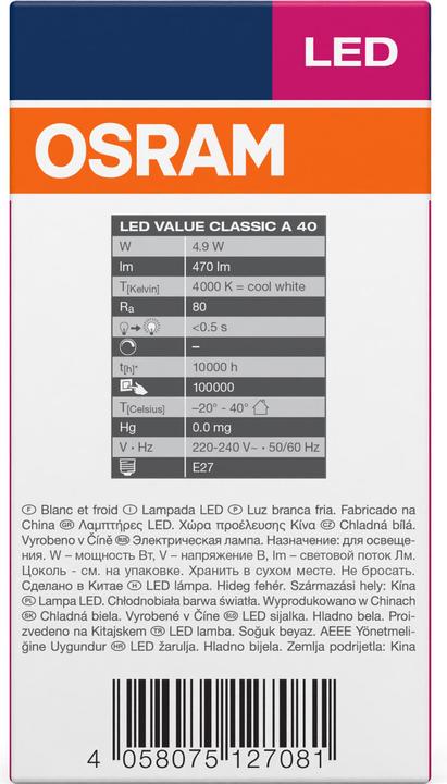 Produktbild Osram Value Classic (E27, 4.90 W, 470 lm, 1 x, F)