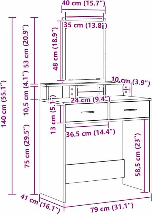Actual product image vidaXL Schminktisch (79 x 41 x 140 cm)