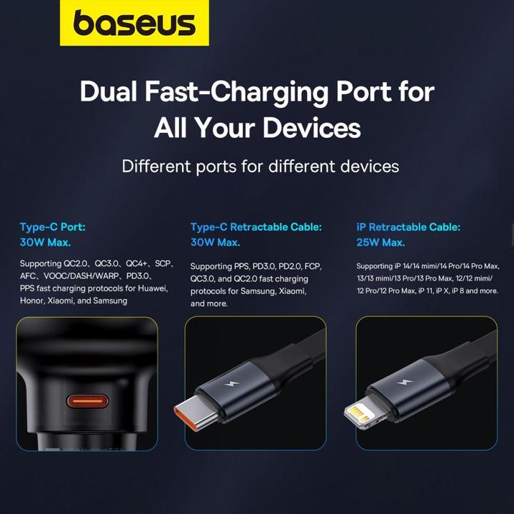 Image du produit Baseus Car Charger Enjoyment USB-C with USB-C cable and Lightning  60W