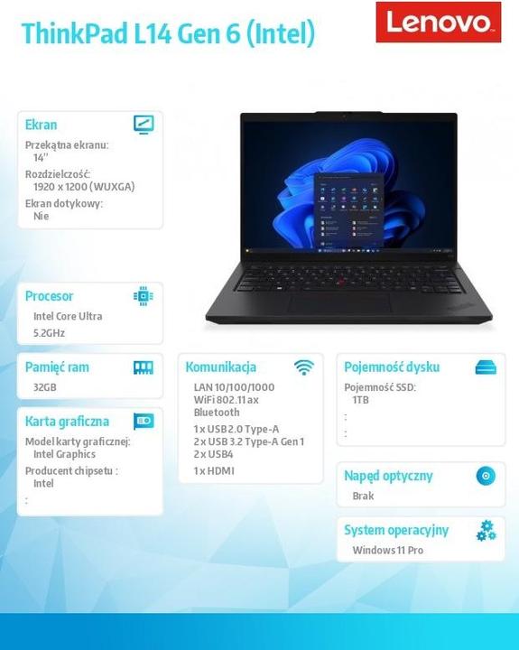 Actual product image Lenovo ThinkPad L14 Gen 6 (Intel) (14", 1000 GB, 32 GB, Eng. Int.)