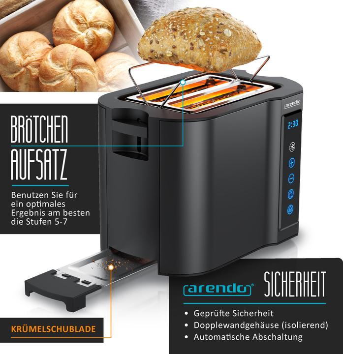 Image du produit Arendo Grille-pain en acier inoxydable 2 tranches à fentes courtes, écran tactile, écran avec affichage du