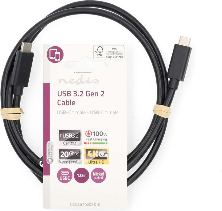 Produktbild Nedis USB-Kabel | USB 3.2 Gen 2x2 | USB-C™ Stecker | USB-C™ Stecker | 100 W | 4K@60Hz | 20 Gbps | Ve (1 m, USB 3.2 Gen 2x2, 100 W)
