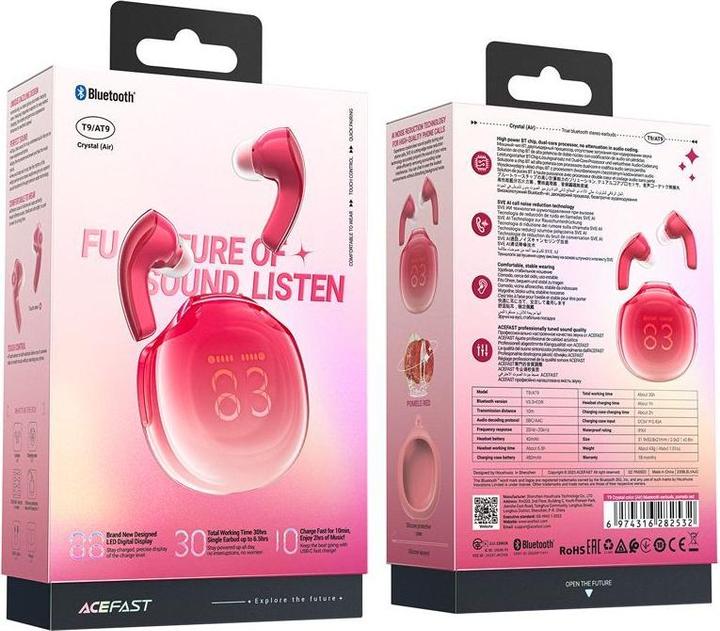 Actual product image Acefast Earphones TWS T9, Bluetooth 5.3, IPX4 (pomelo red) (ANC, 6.50 h, Wireless)