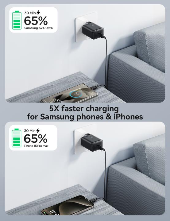 Produktbild Joyroom 25W Single USB-C Charger with 60W C to C Cable, 1m - Black (25 W, 1 Port)