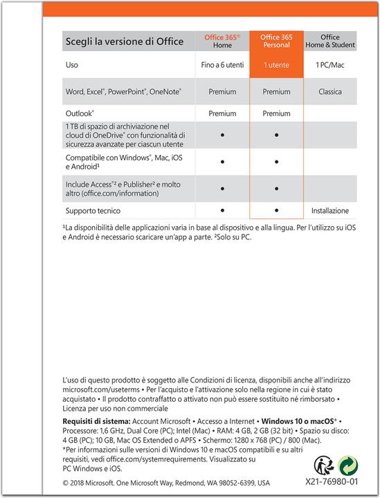 Immagine prodotto Microsoft Office 365 Personal Italiano (1 Utente, 12 mesi)