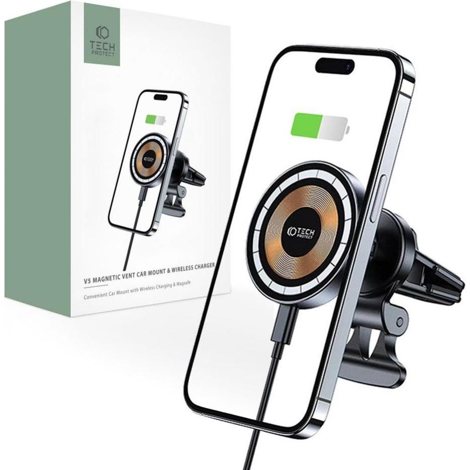 Thumbnail - Tech-Protect MM15W-V5 car phone holder with MagSafe 15W inductive charger for air vent - black, Smartphone Halterung, Sc...