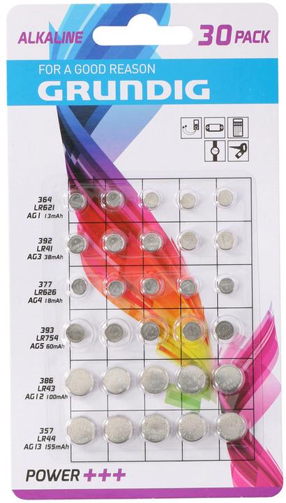 Image du produit Grundig Power+++ (30 pcs, A76 / LR44 / AG13 / L1154 / LR1154 / 157, AG3 / SR41 / LR41 / SR736 / V384 / V392 / 384 / 392 / SG3 / SR41W, AG4 / LR66 / LR626 / LR626 / SR66 / SR626SW, LR43, LR621., LR754, 155 mAh)