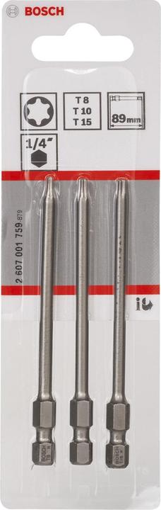 Produktbild Bosch Professional Zubehör Schrauberbit-Set Extra-Hart, 3-teilig, T8, T10, T15, 89 mm (Innensechsrund TX)