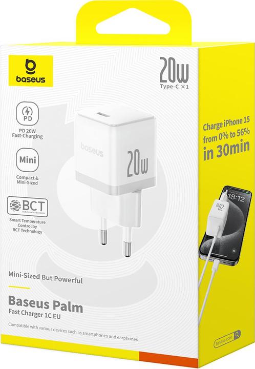 Productafbeelding Baseus - Wall Charger Palm (P10111602213-00) - Fast Charger, Type-C, PD 20W, 5V/3A - Moon White (20 W)