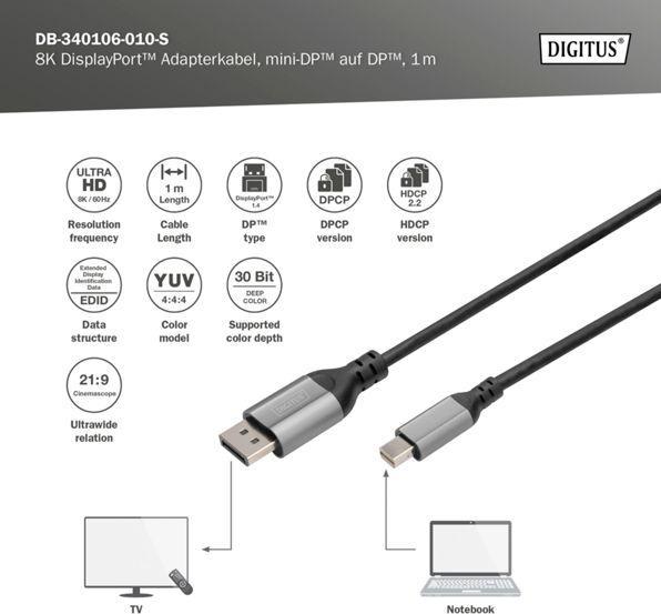 Produktbild Digitus Mini DisplayPort — DisplayPort (1 m, DisplayPort, 1.4)