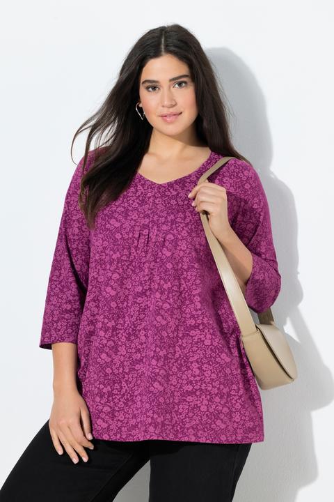 Immagine prodotto Ulla Popken Maglia dal taglio svasato con fiori, pieghe decorative, scollo a V e maniche a 3/4 (46, 48)