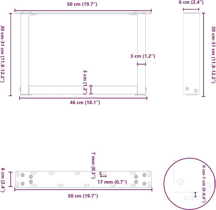 Immagine prodotto vidaXL Gambe del tavolino a U 2 pezzi nero 50x(30-31) cm gamba del tavolo in acciaio
