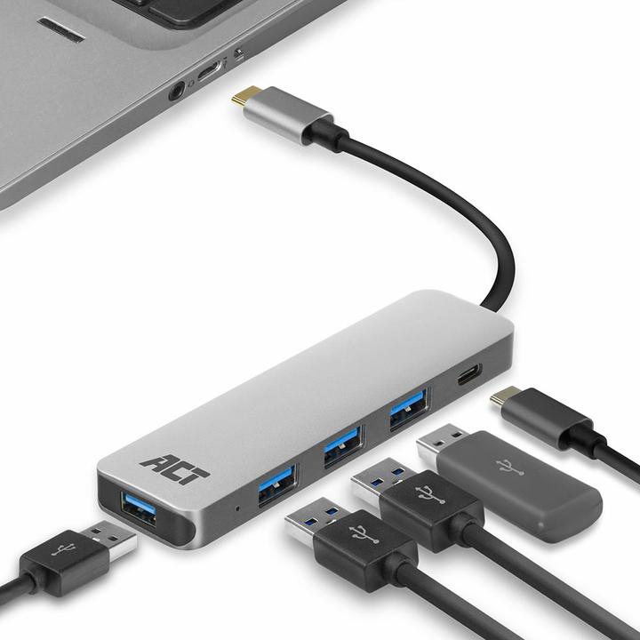 Produktbild ACT USB-C Hub with 4x USB-A, USB-C PD Pass-Through 60W USB-C (USB-C, 5 Ports)