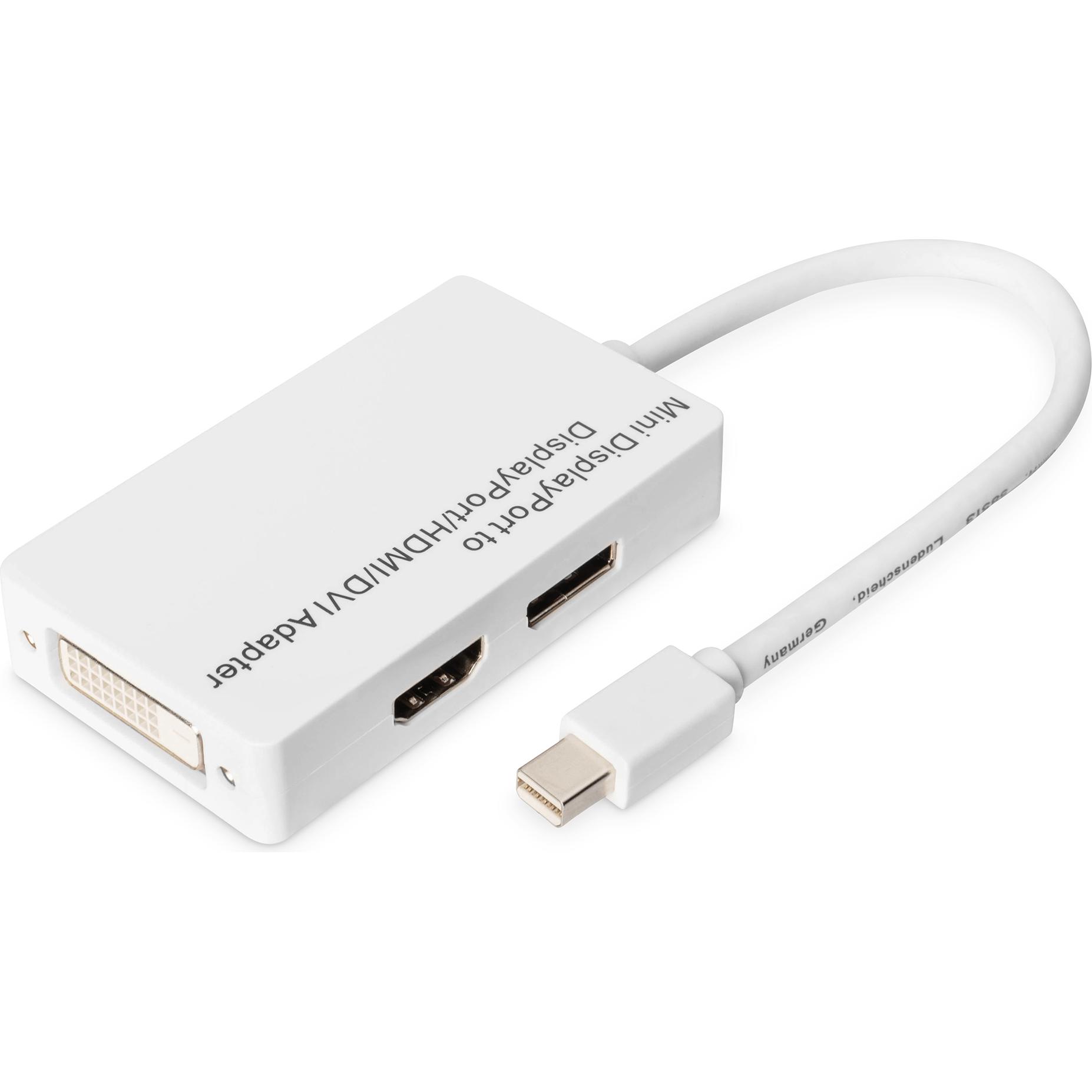 Digitus Mini DisplayPort a (DVI, Mini DP, HDMI, 20 cm), Adattatore dati + video, Bianco
