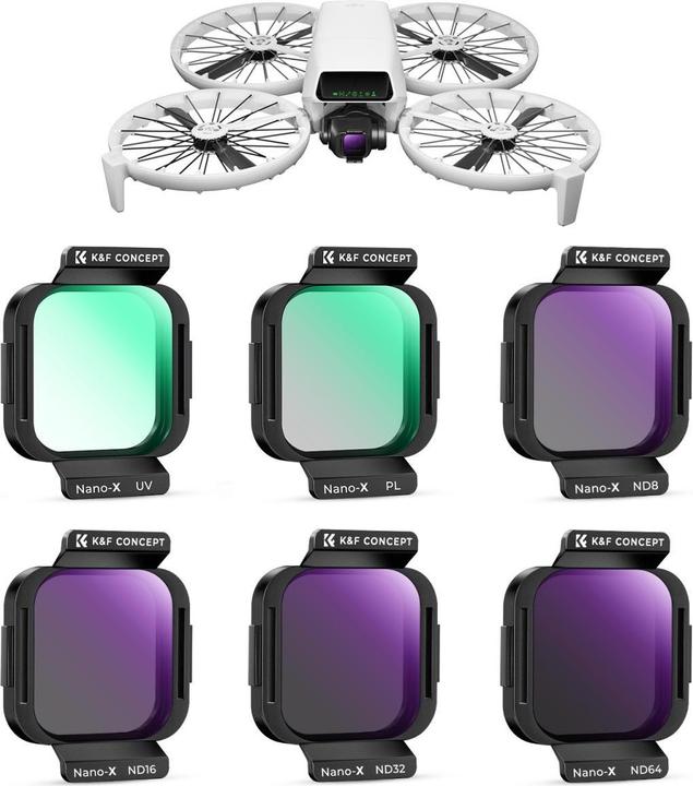 K&F Concept 6pcs Filter Kit, UV+CPL+ND8+ND16+ND32+ND64, HD, Anti-Reflection, Green Coated, for DJI Flip