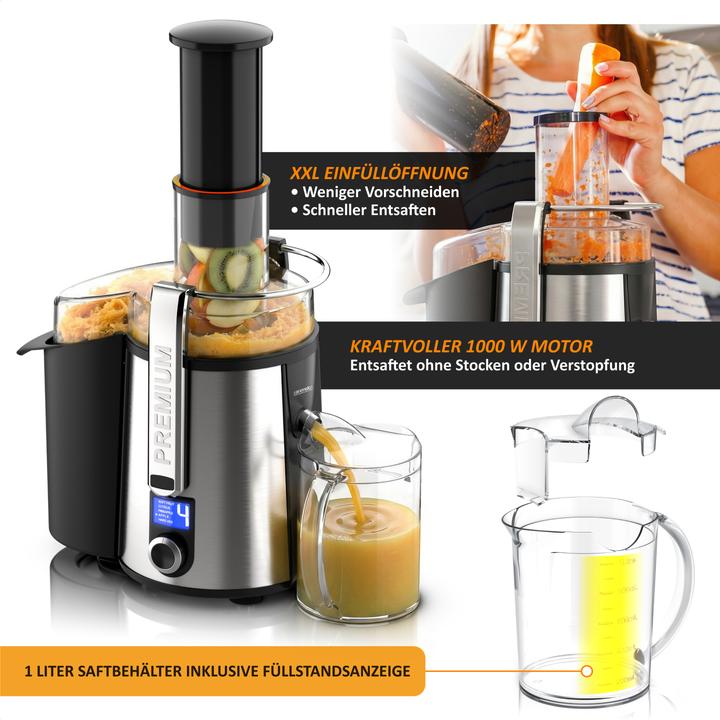 Produktbild Arendo Zentrifugalentsafter,1000W, BPA Frei, Edelstahl, XXL-Einfüllschacht, Programme, Display, Tropfstopp