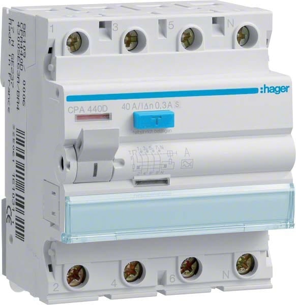 Actual product image Hager Ground fault circuit interrupter A 4p 400V 40A 0.3A 4TE REG DIN rail