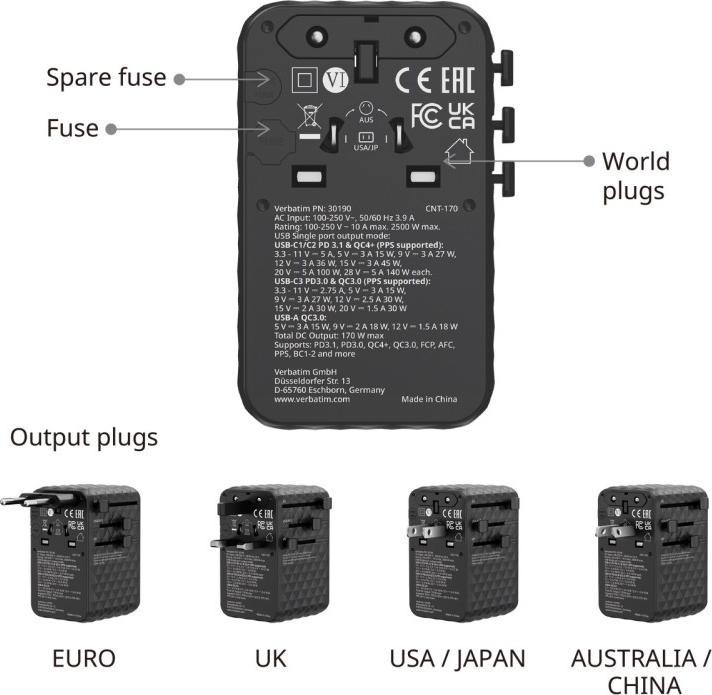 Actual product image Verbatim Charge 'N' Travel 170w Universal Travel Adapter Black
