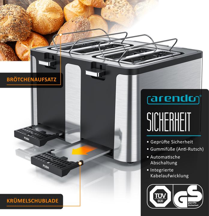 Produktbild Arendo Toaster 4 Scheiben Kurzschlitz, Edelstahl, Automatik, Wärmeisolierendes Doppelwandgehäuse, 1750 W