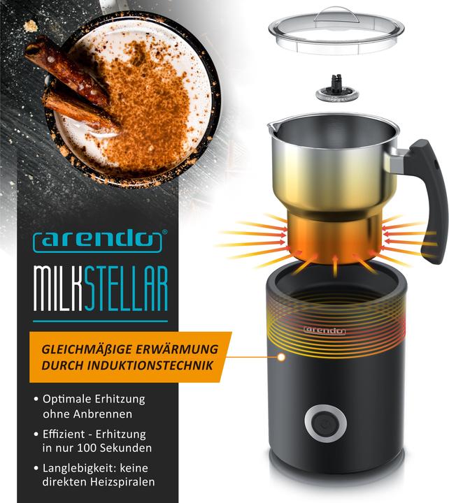 Produktbild Arendo Milchaufschäumer 3in1 Induktion, warm & kalt Schaum, 400 ml, Edelstahl, Latte Art, Milk, 500 W (500 ml)