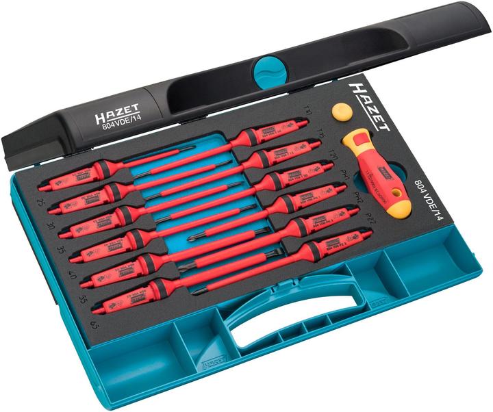 HAZET Screwdriver set ∙ with protective insulation 804VDE/14 ∙ Pozidriv profile PZ, Cross recess pr… (Phillipps cross recess (PH), Torx (TX), Pozidriv cross recess (PZ), Slotted screws)