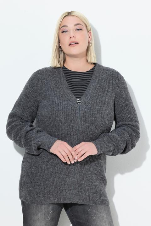 Image du produit Ulla Popken Cardigan en maille côtelée, col en V et manches longues, laine mélangée (46, 48)