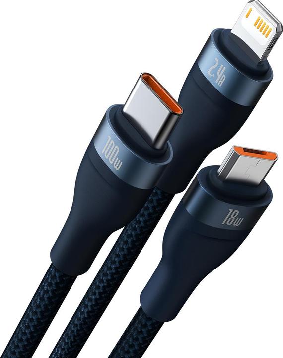 Produktbild Baseus 3in1 USB cable Flash Series, USB-C + micro USB + Lightning, 100W, 1.2m (blue) (1.20 m, USB 2.0)