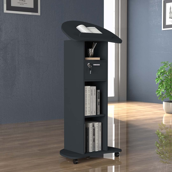 Productafbeelding VCM Houten Staand Bureau Lessenaar Mobiele Staande Tafel Rolbare Wielen Lade Redola (56 x 37 x 110 cm)