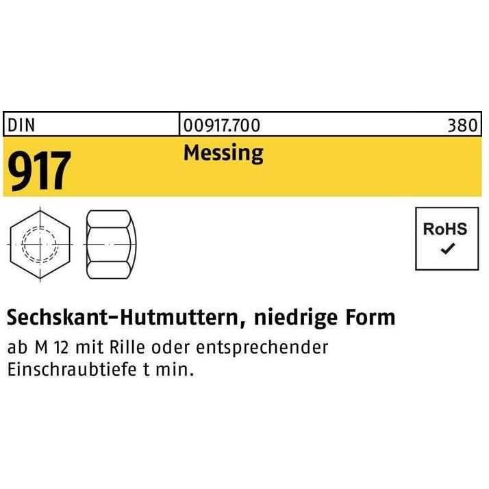 Muttern + Unterlegscheiben, Sechskanthutmutter DIN 917 niedrige Form M 6 Messing