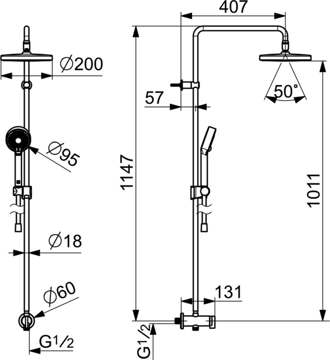 Produktbild Hansa Hansabasicjet Duschsystem, Kopfbrause 200 mm, rund, direkter Anschluss, Ausladung 407mm, 44390