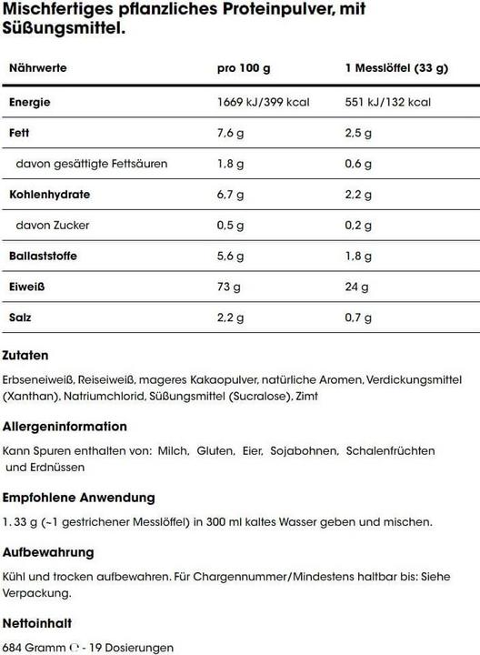 Nährwerte und Zutaten Optimum Nutrition Gold Standard 100% Plant (684g Dose) (Schokolade, 1 Stk., 684 g)