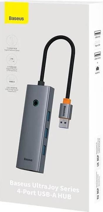 Immagine prodotto Baseus Hub UltraJoy Series Lite a 4 porte (da USB a USB 3.0*3 RJ45*1 USB-C 5V) (grigio) (USB-C, 4 porte)