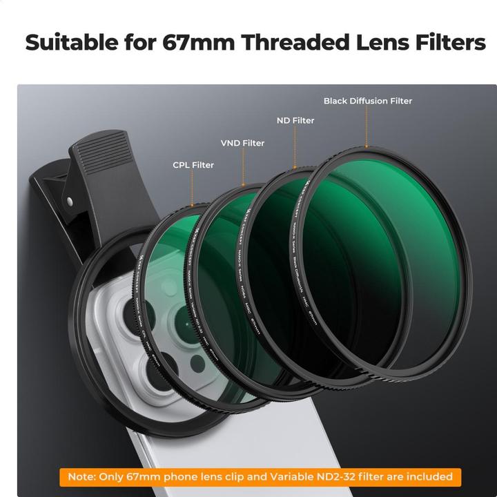 K&F Concept 67mm Universal Type Phone clip, with 67mm ND2-32 Filter, 18-layer green coated