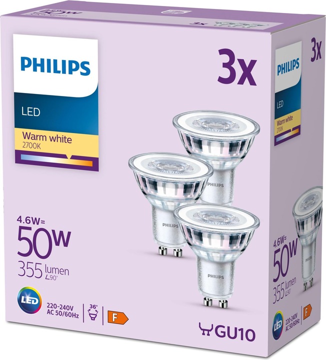 Actual product image Philips LED Classic (GU10, 4.60 W, 355 lm, 3 x, F)