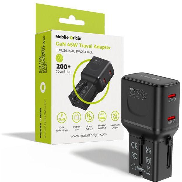 Mobile Origin, Adattatore da viaggio, Adattatore da viaggio da 45W, UE/US/UK/AU PW26, nero